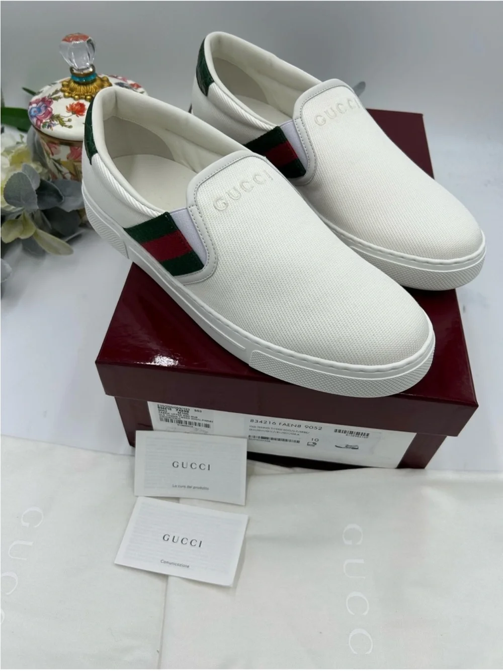 Men’s Gucci, ace canvas slip on sneakers w iconic web trim size 10 fits 10.5US